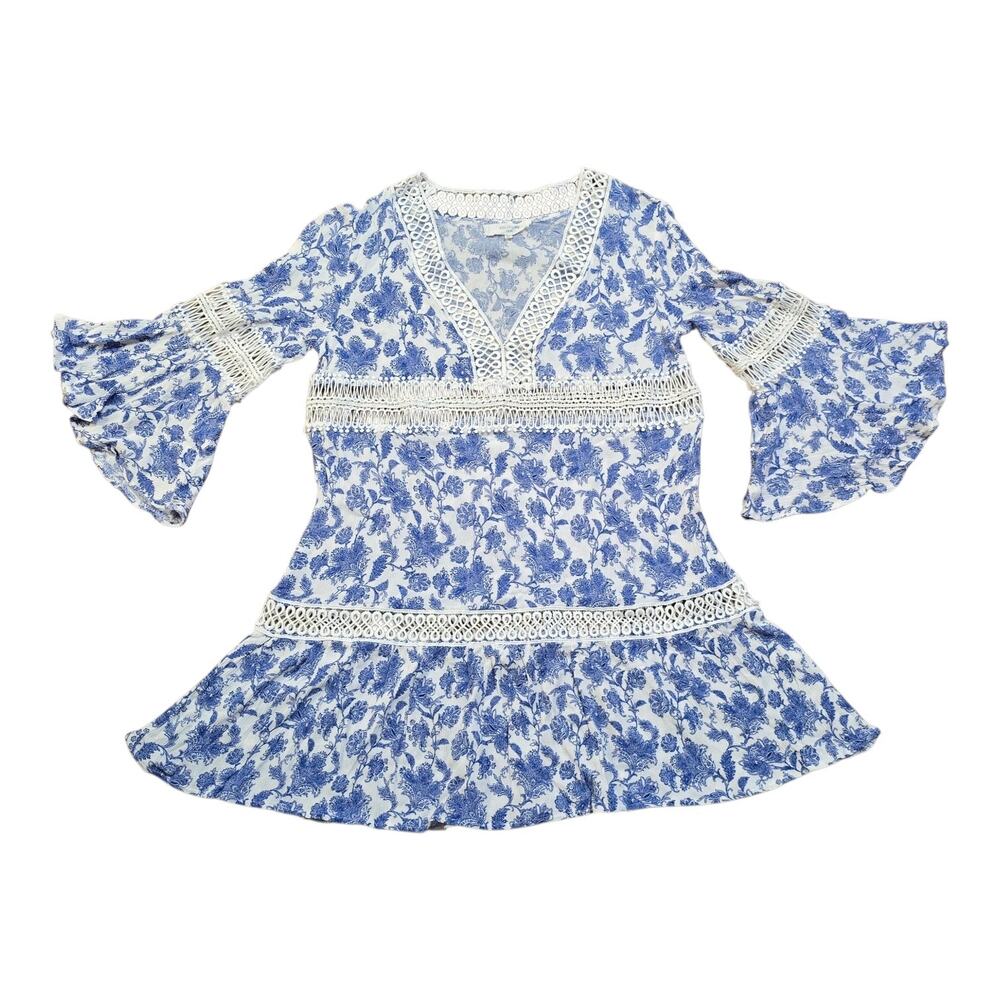 Blue & White Floral Crochet Lace Accent Tunic / Cover-Up Medium Solitaire Swim